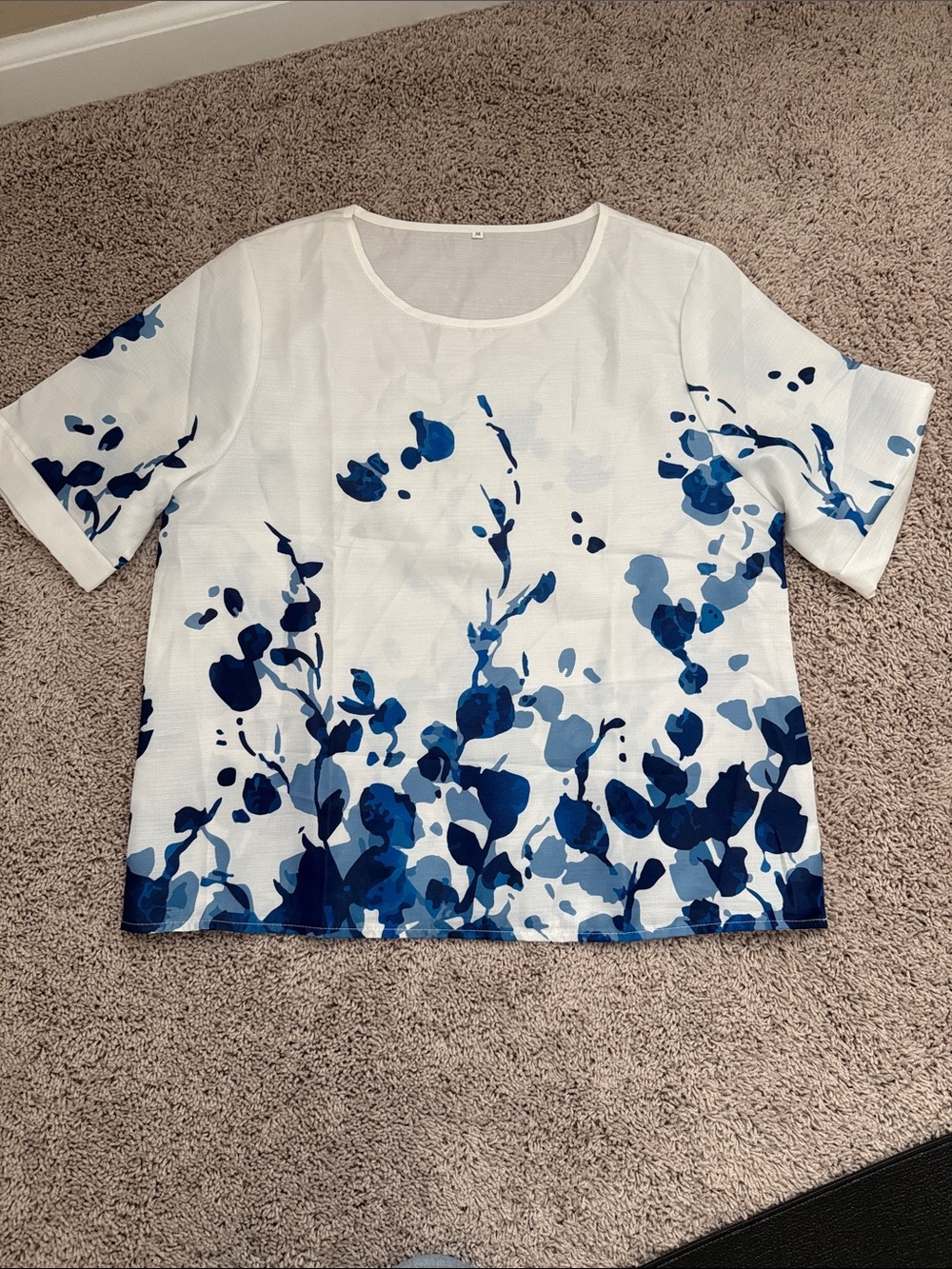 Amazon White Short Sleeve Tee with Blue Floral Motif
